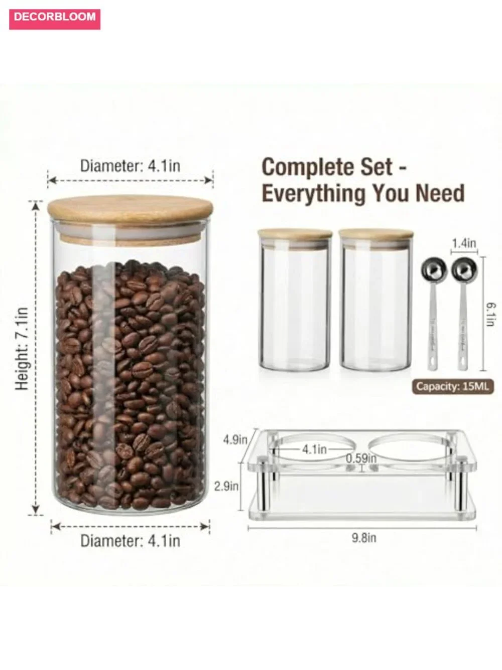 Glass Coffee Canister Set with Acrylic Shelf, 2-Pack 44oz Airtight Storage,